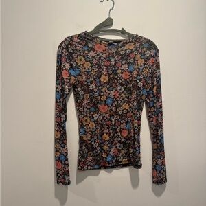 Top Shop Floral Print Long-Sleeve Mesh Top